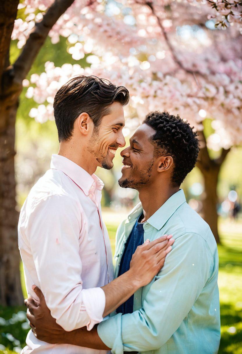 A heartwarming scene capturing two men sharing an intimate moment in a sunlit park, adorned with soft cherry blossom petals falling around them. The focus is on their genuine smiles and tender gestures, showcasing love and connection. Surround them with vibrant greenery and a gentle bokeh effect in the background to enhance the warmth and celebration of their relationship. soft-focus. romantic. vibrant colors. natural light.