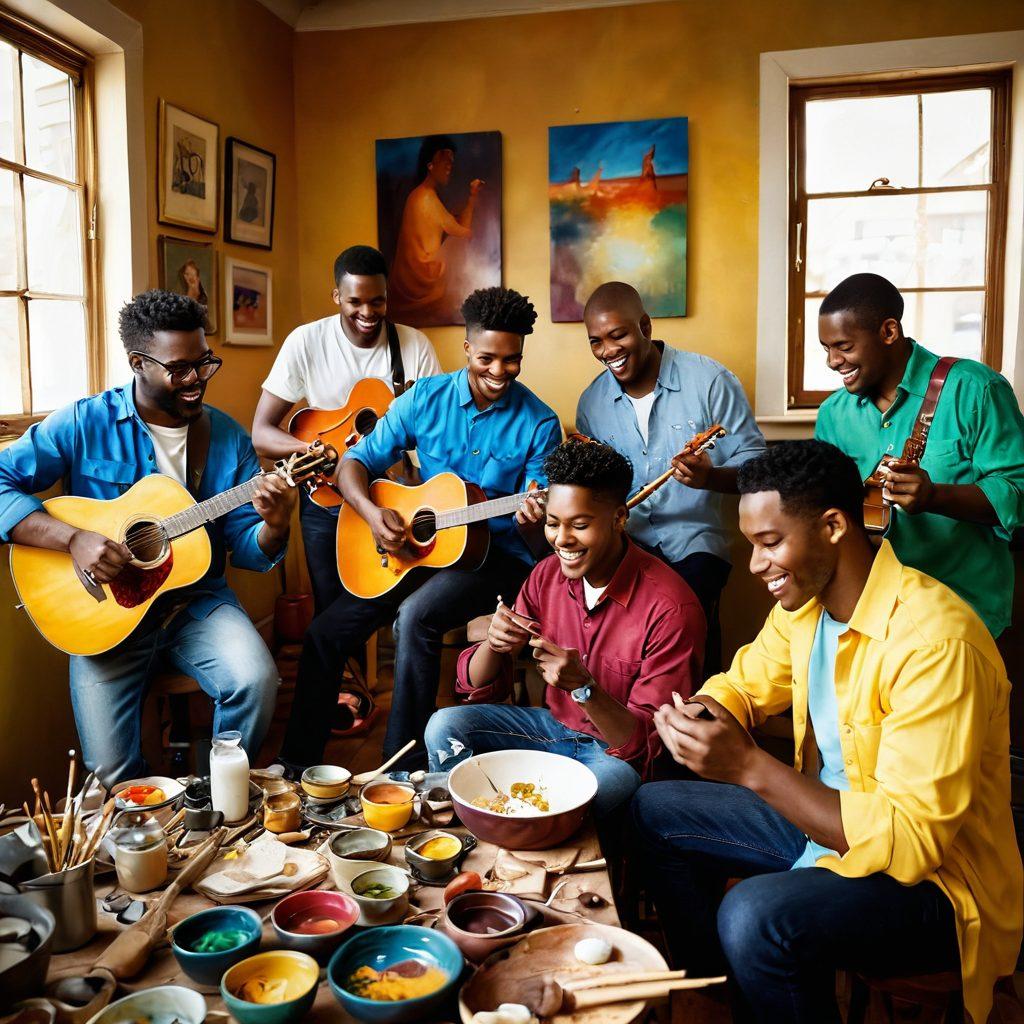A captivating image of a diverse group of men engaged in various creative activities that express passion and affection, such as painting, playing musical instruments, and cooking. The scene is colorful and warm, with soft natural lighting highlighting their expressions of joy and connection. Include a variety of artistic tools scattered around to enhance the creative atmosphere. The background features hints of portraits on the walls, showcasing their journey of self-expression. super-realistic. vibrant colors. warm tones.