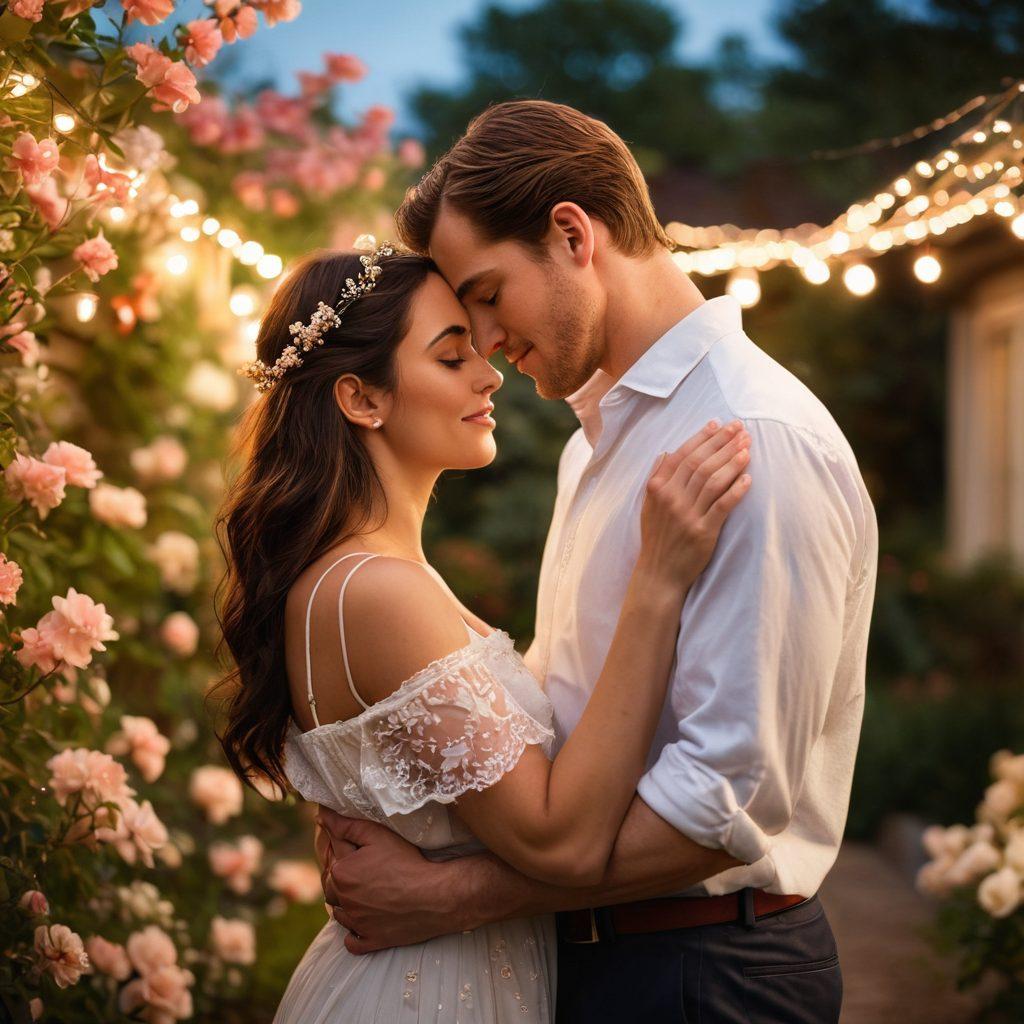 A passionate couple embracing in a softly lit outdoor setting, surrounded by blooming flowers and twinkling fairy lights, showcasing a mix of tenderness and strength. The man gently holds the woman, who looks back at him with admiration, capturing the essence of masculine romance in a photograph. Include warm color tones to evoke intimacy and love. super-realistic. vibrant colors. soft focus.